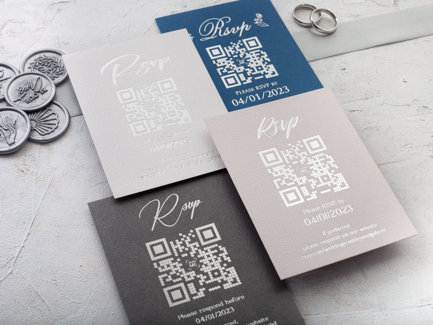 Silver foil printed rsvp cards with QR code