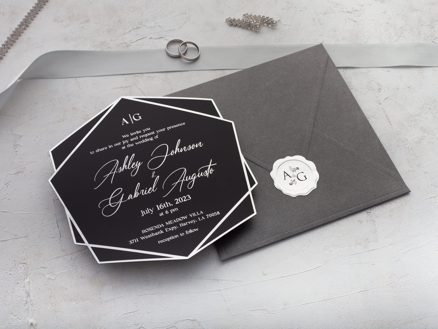 Silver foil printed wedding invitation