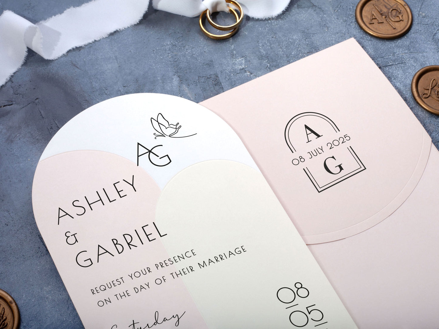 Simple Arch Wedding Invitation with Pink Envelope