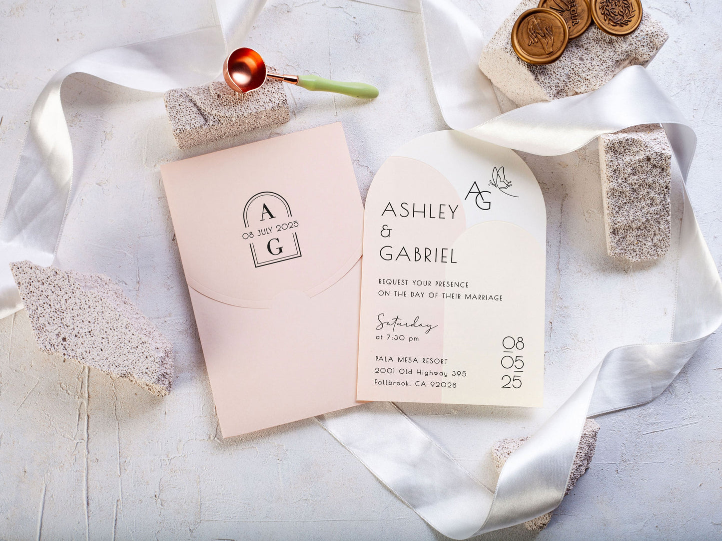 Simple Arch Wedding Invitation with Pink Envelope