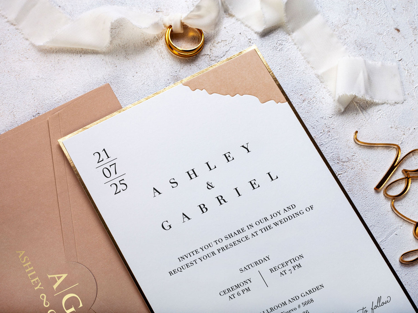 Stylish Beige Wedding Invitation with Gold Details