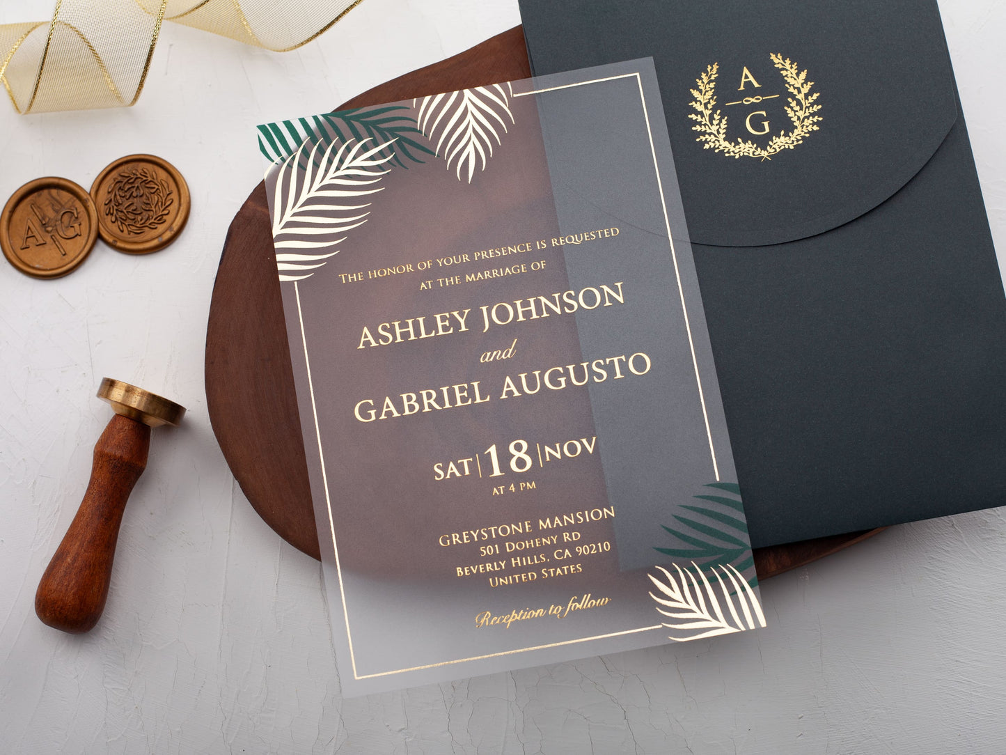 Tropical Acrylic Wedding Invitation with Palm Leaves