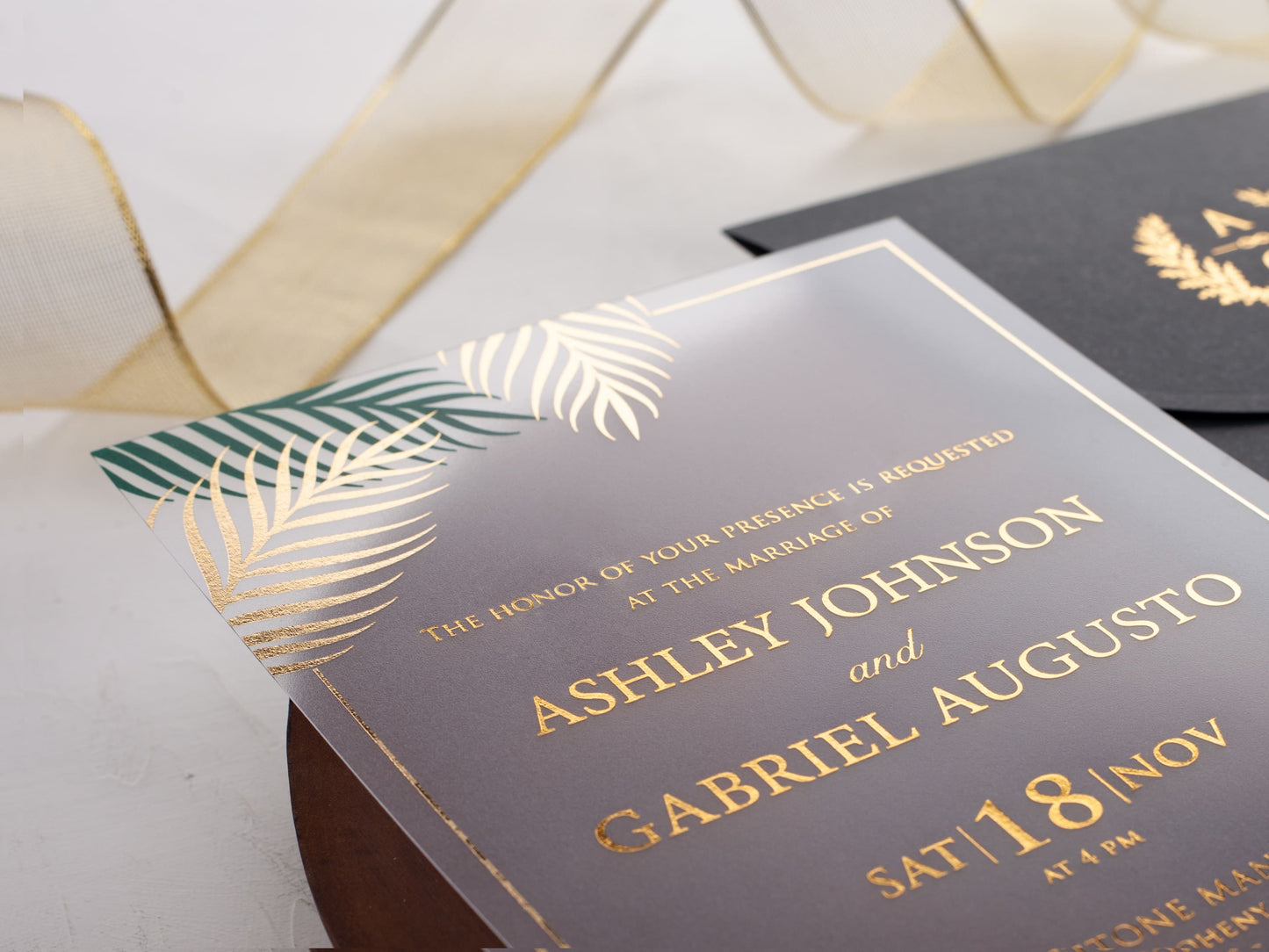 Tropical Acrylic Wedding Invitation with Palm Leaves