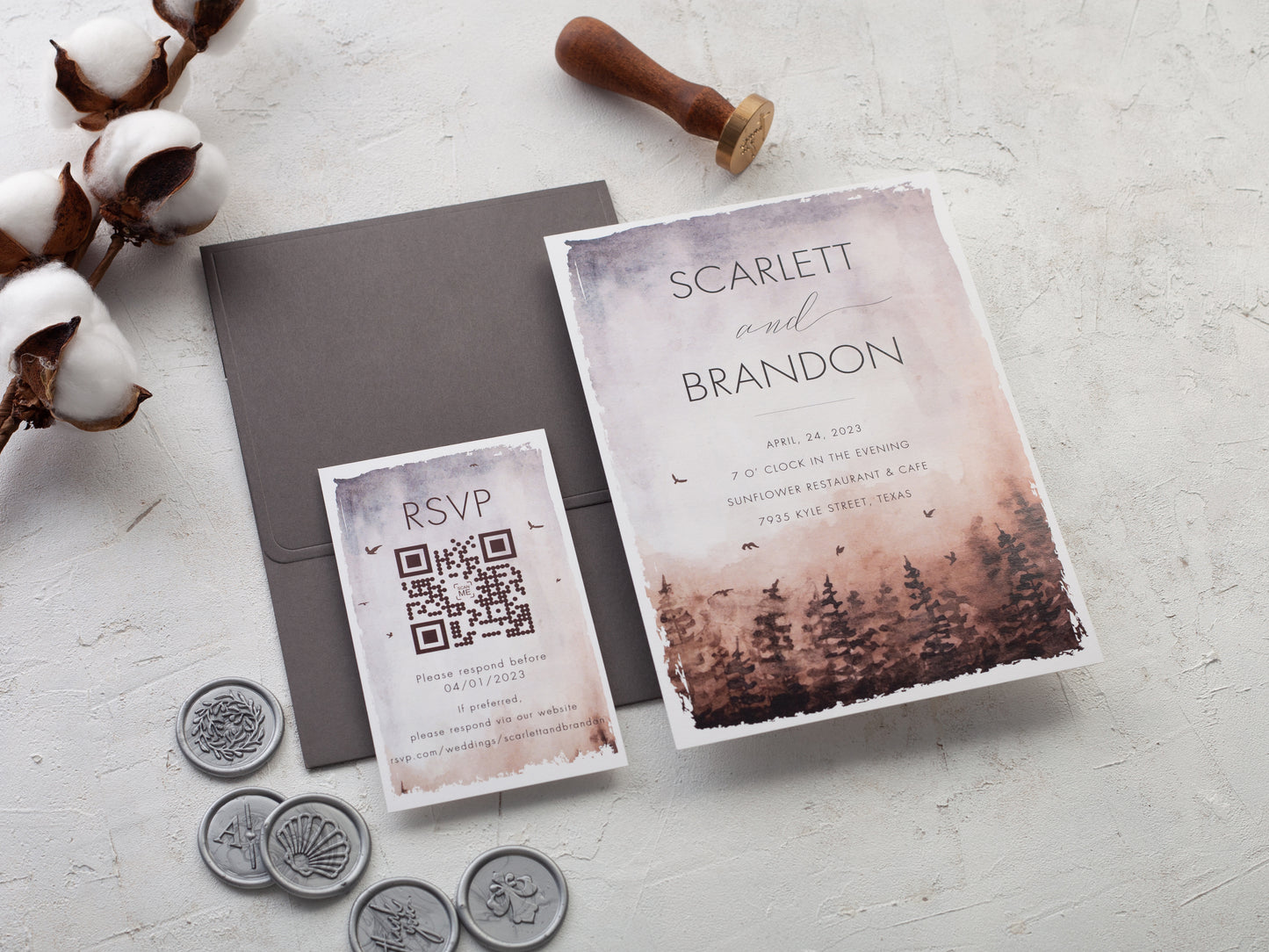 Water color forest theme wedding invitation with grey envelope and QR code rsvp card