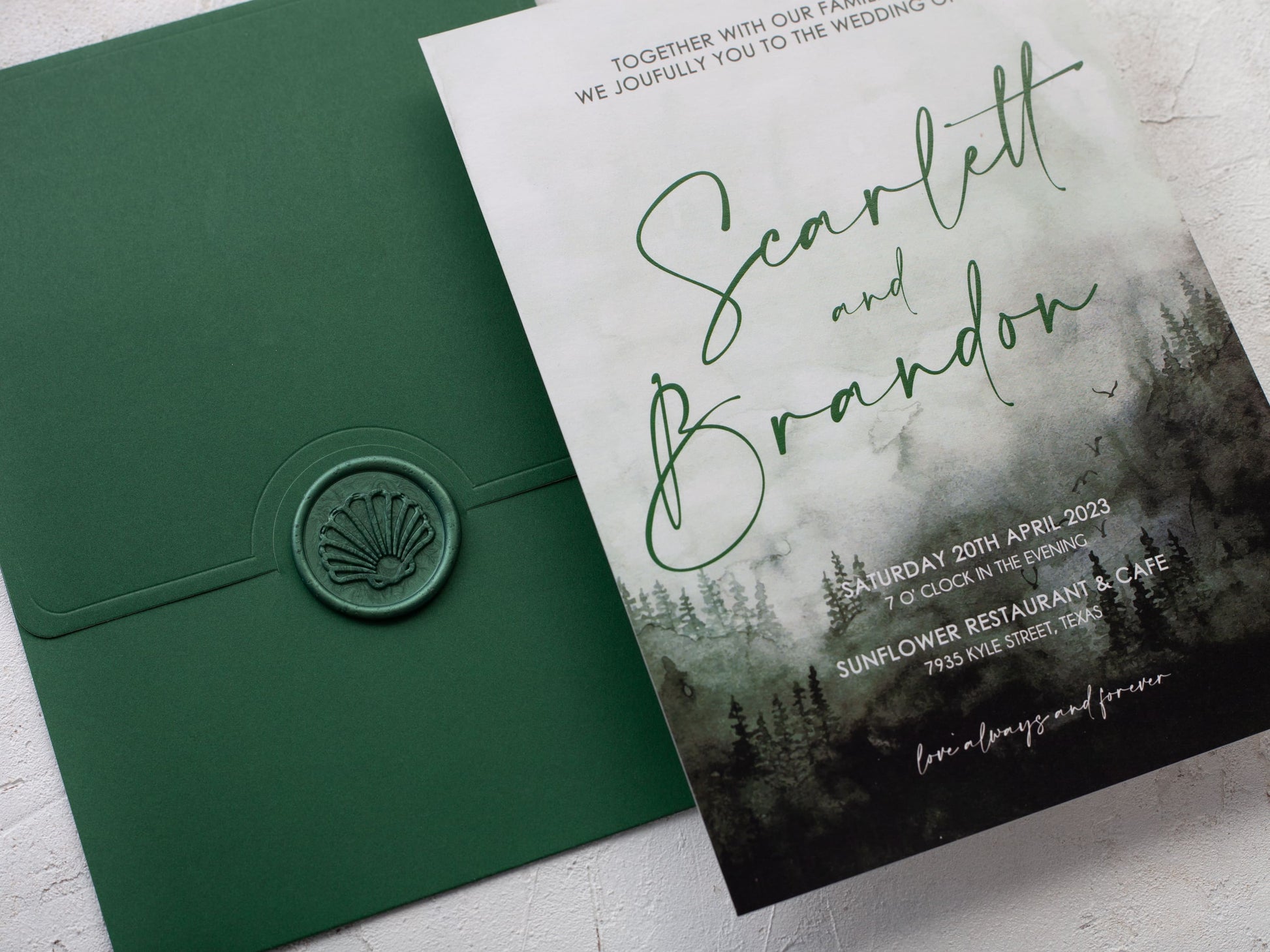 Watercolor pine trees wedding invitation card, green envelope and green wax seal