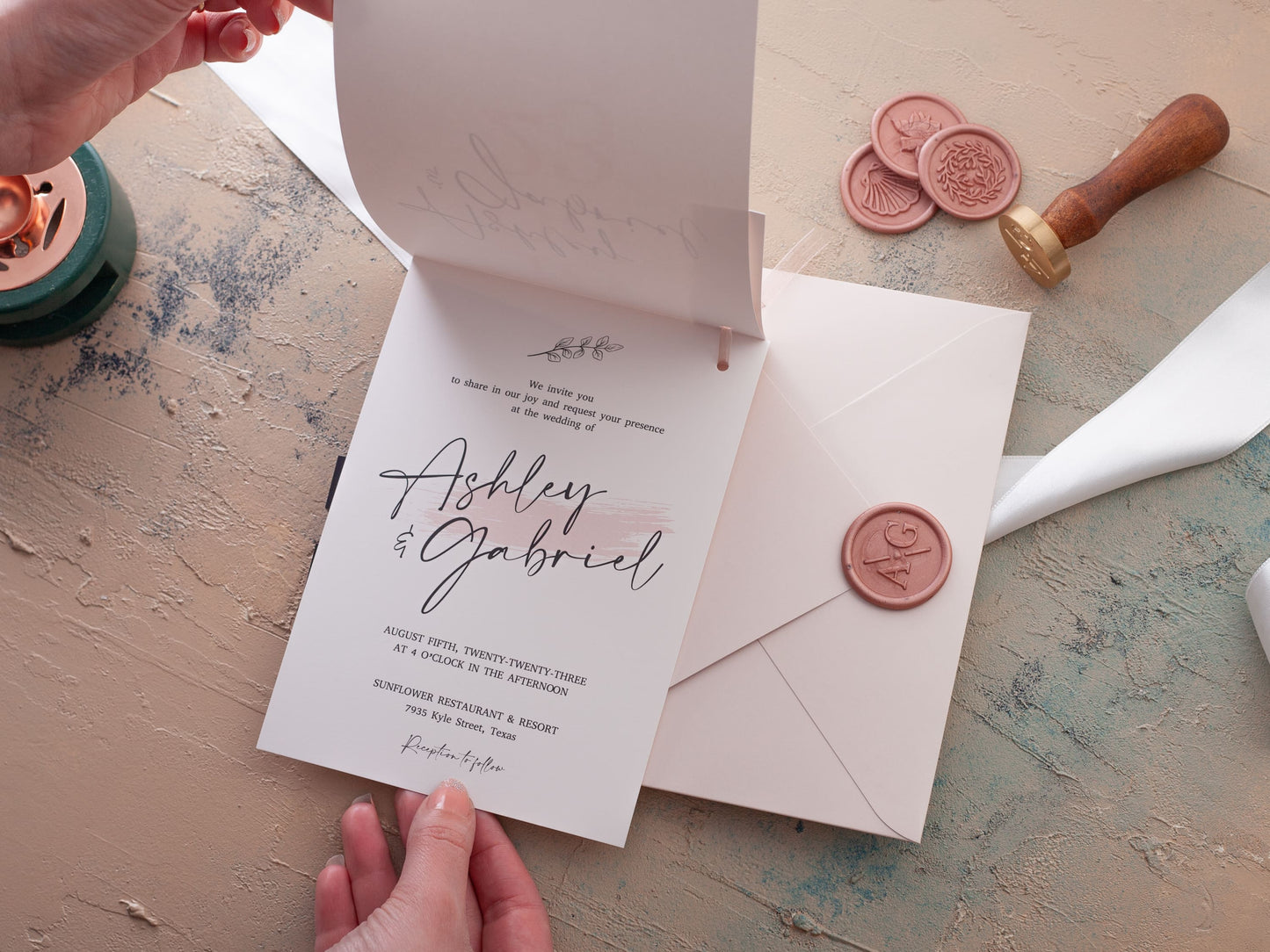 Wedding invitation with guest name tag, pink envelope and rose gold wax seals