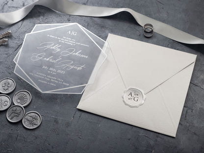 White and Silver Acrylic Wedding Invitation