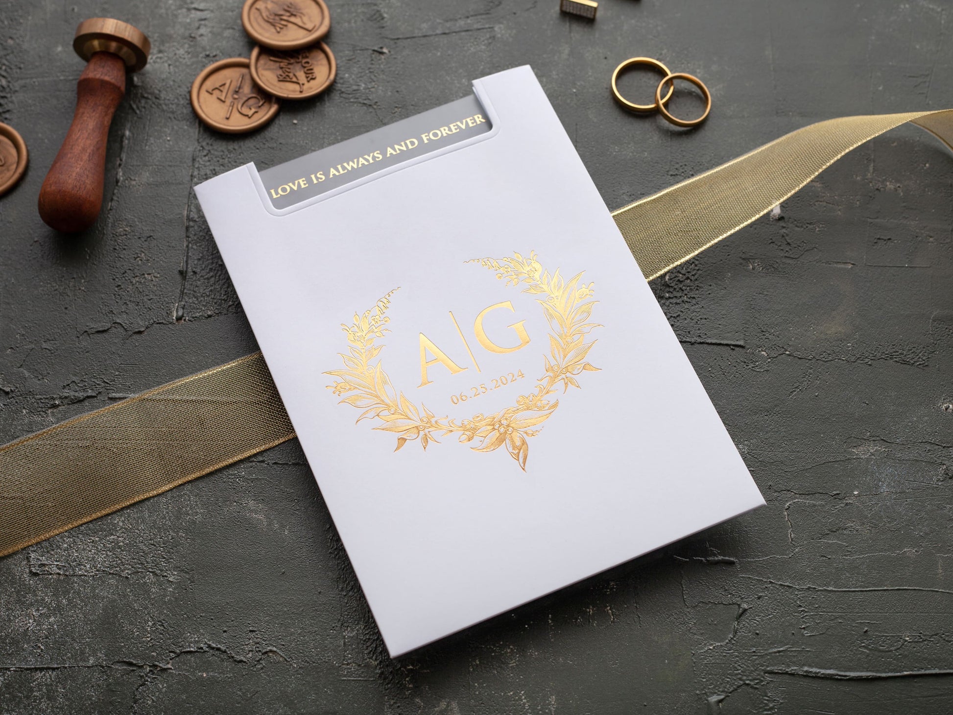 Gold foil printed acrylic wedding invitation with white pocket type envelope