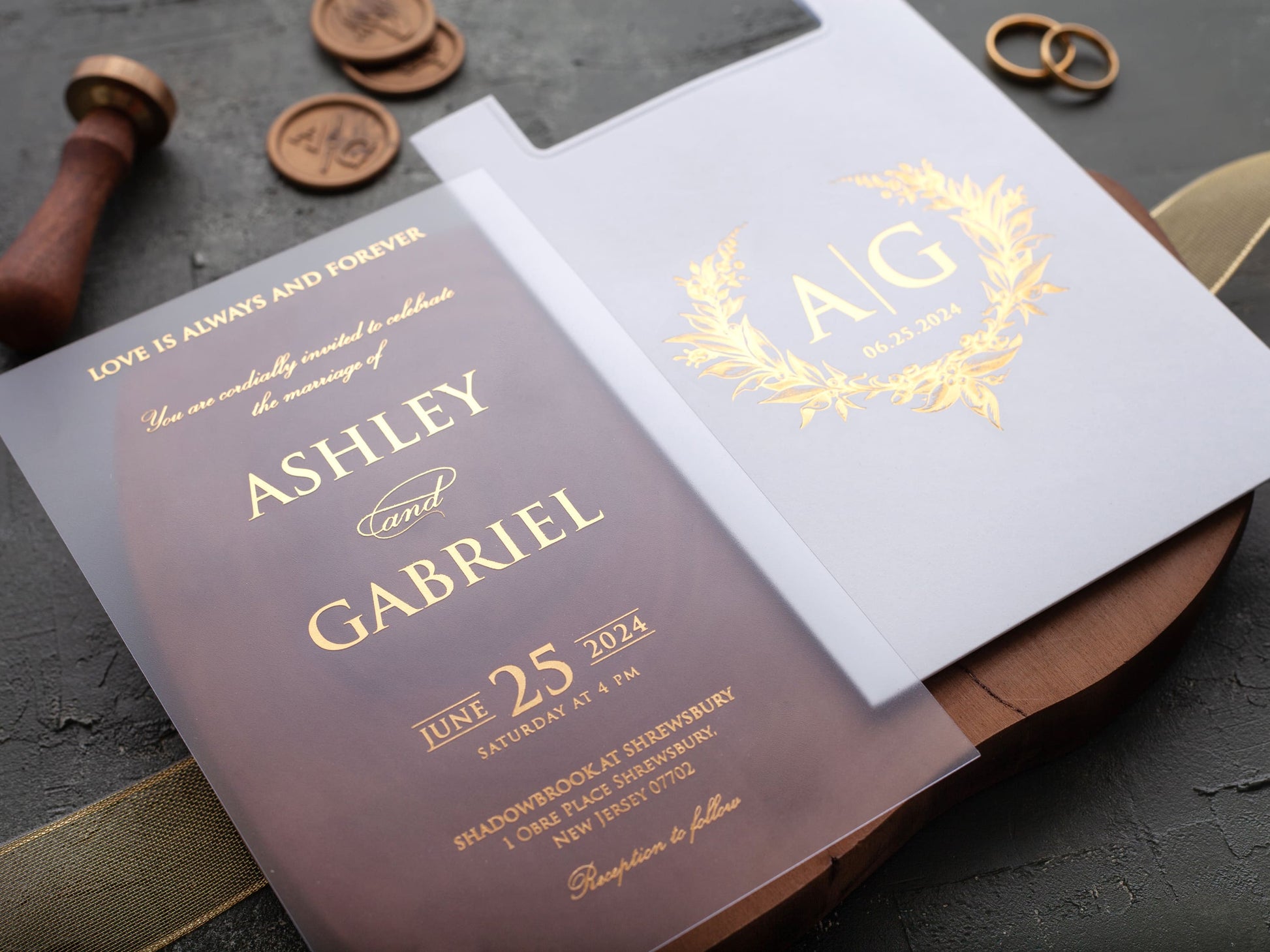 Personalized white and gold acrylic wedding invite