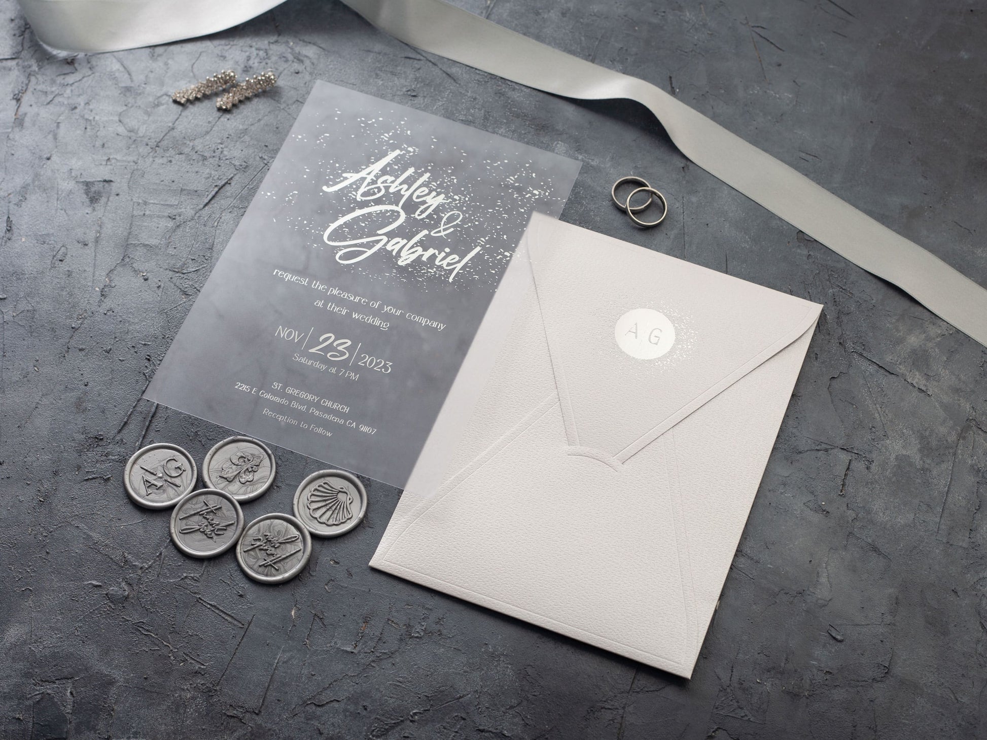 Silver foil printed acrylic invitation with white envelope