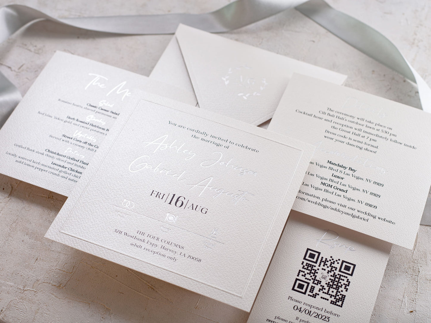 White and silver wedding invitation with rsvp card, details card, menu card
