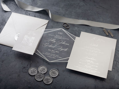 White and Silver Acrylic Wedding Invitation