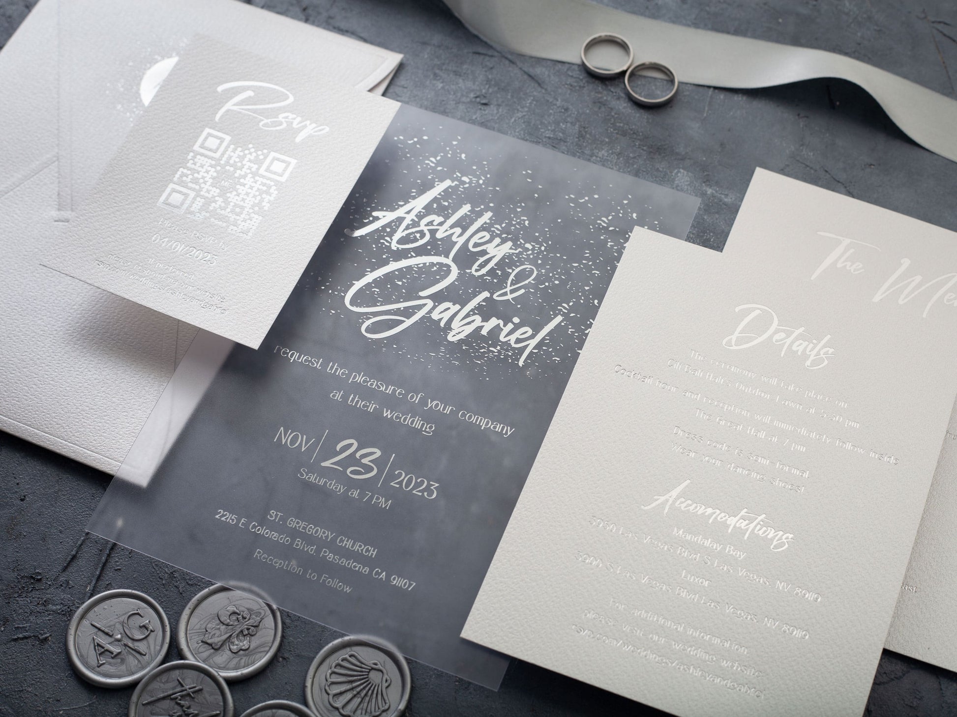 Silver foil printed matte acrylic wedding invitation suite