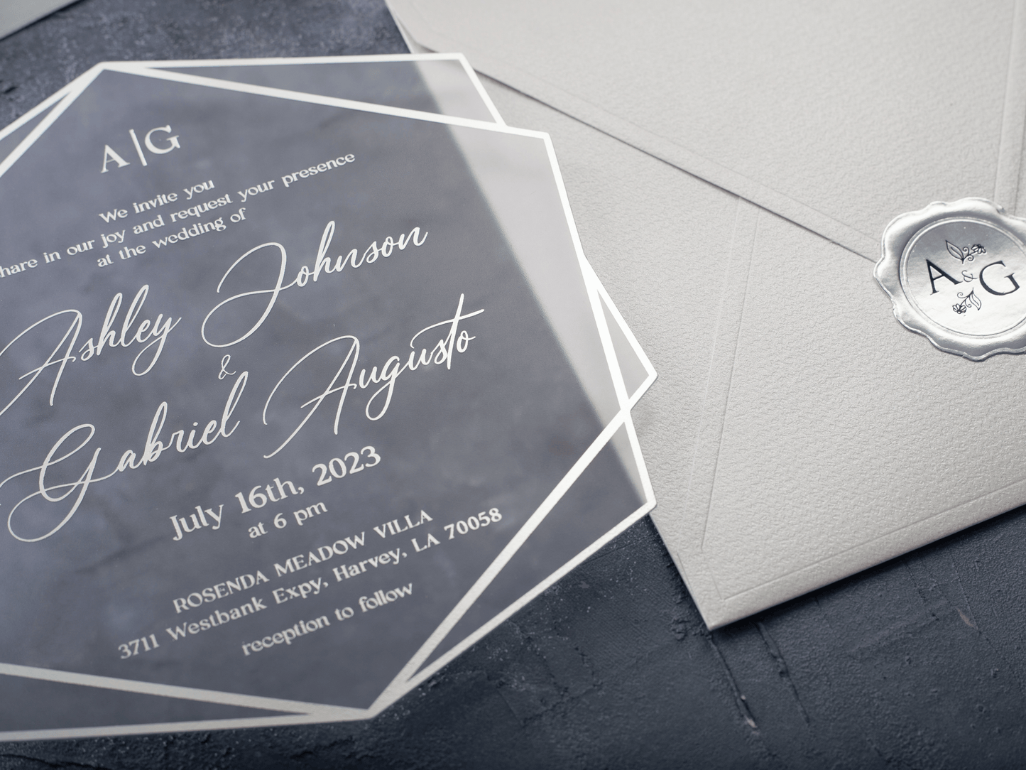 White with silver foil wedding invitation