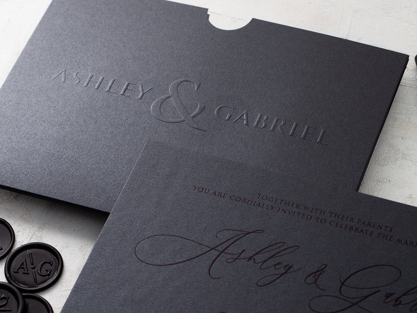 Emboss printed black wedding invitation