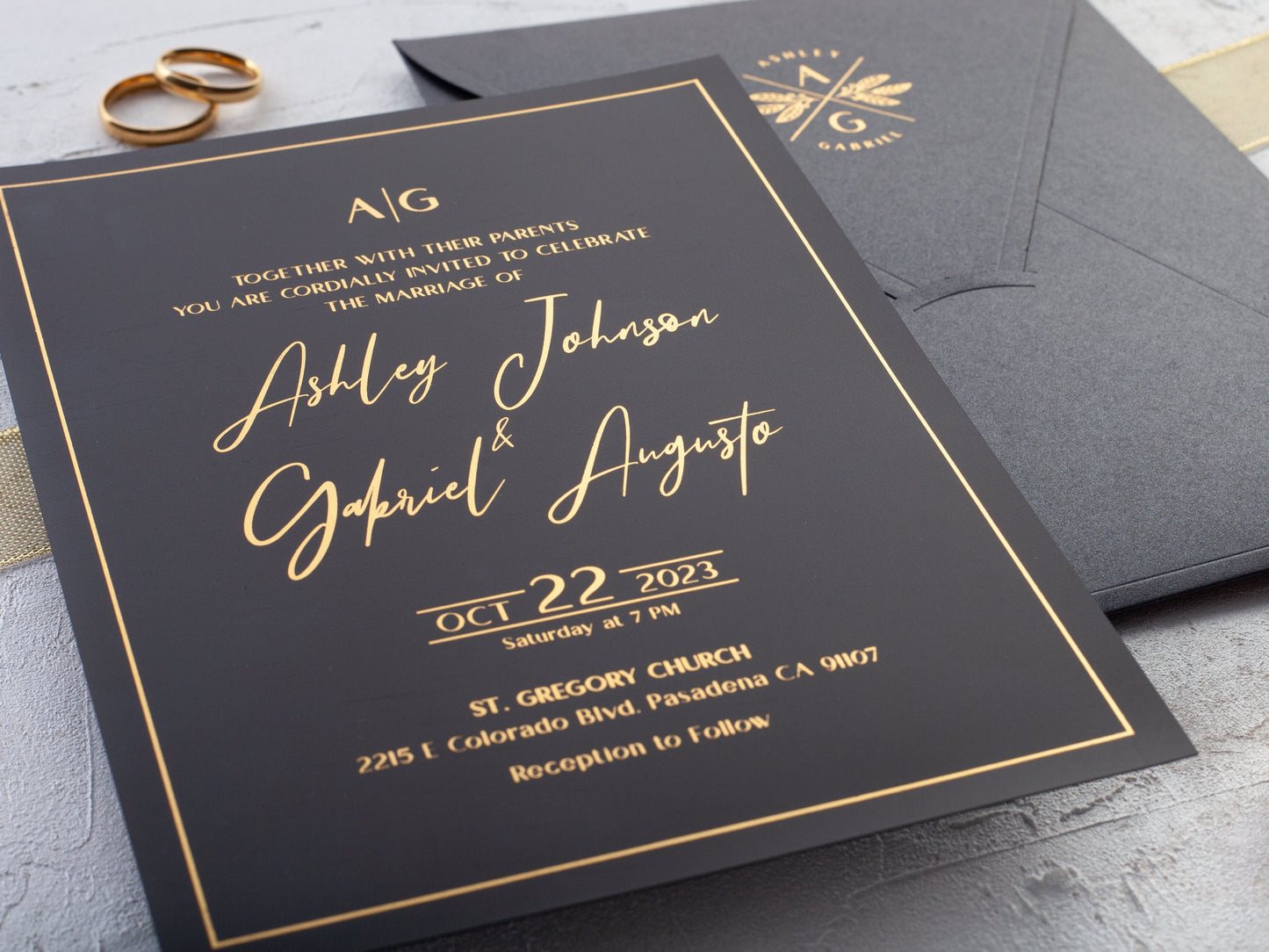 Scroll Invitation Card, Black Wedding Invitation, Foiling Printing