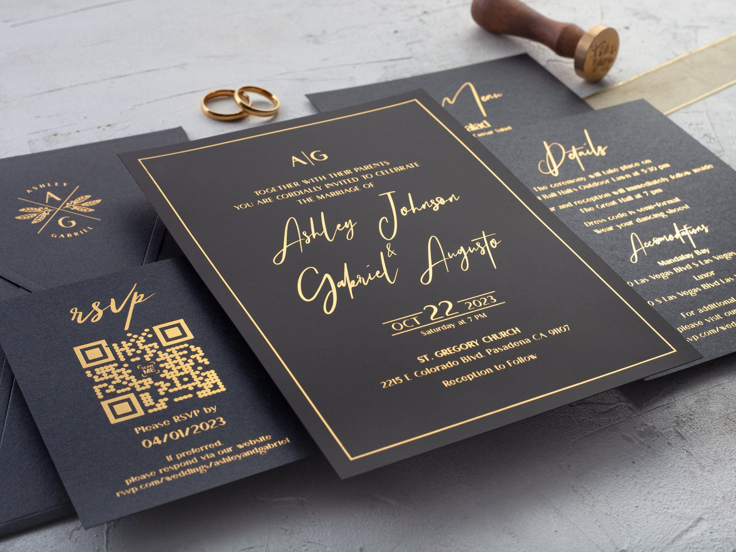 Black wedding invitation set