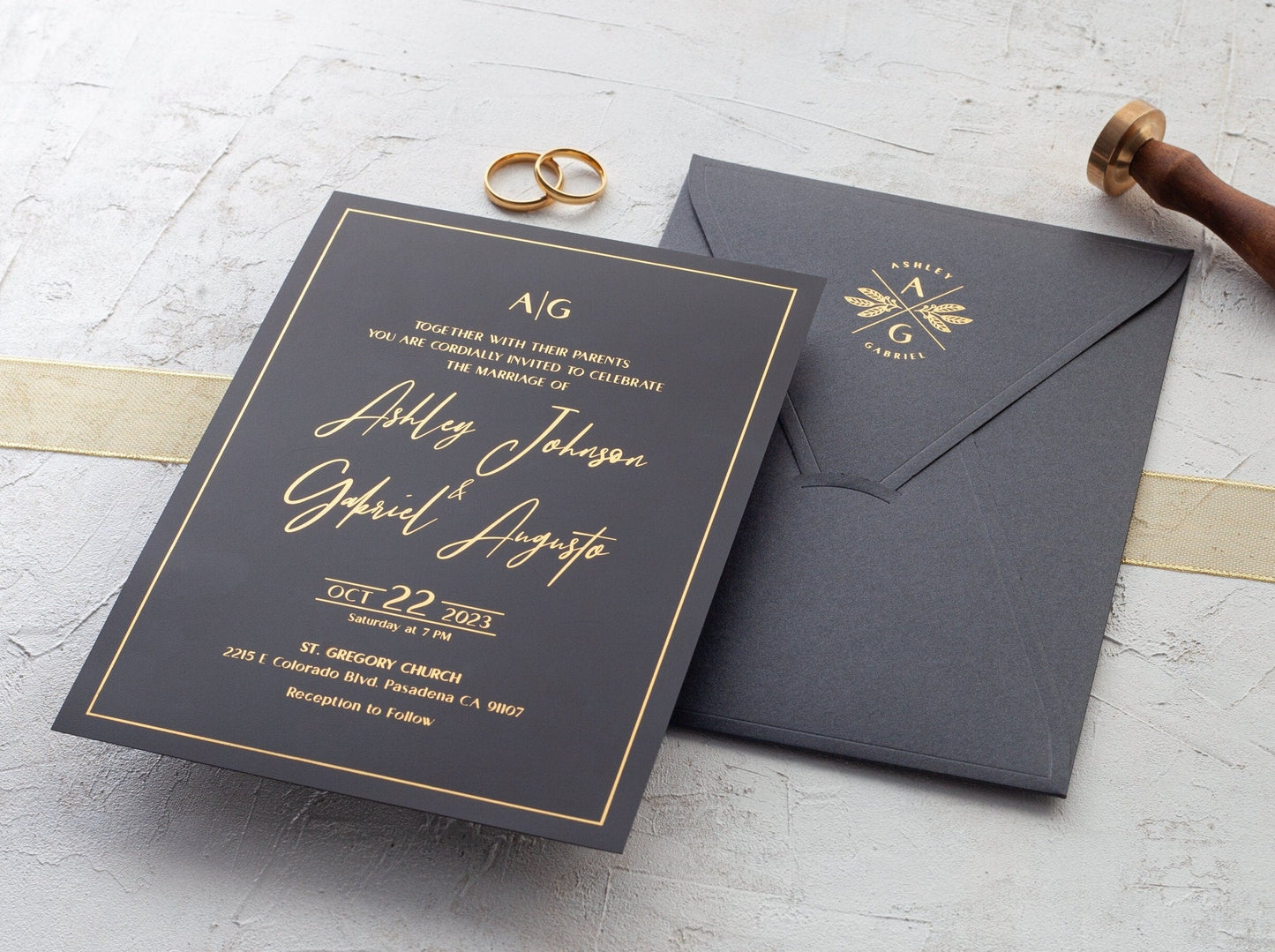 Black wedding invitation with gold foil