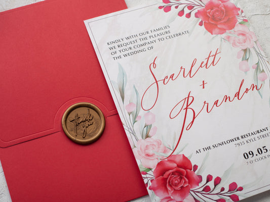 Red Floral Wedding Invitation & QR Code Rsvp, Spring Floral Wedding Invites