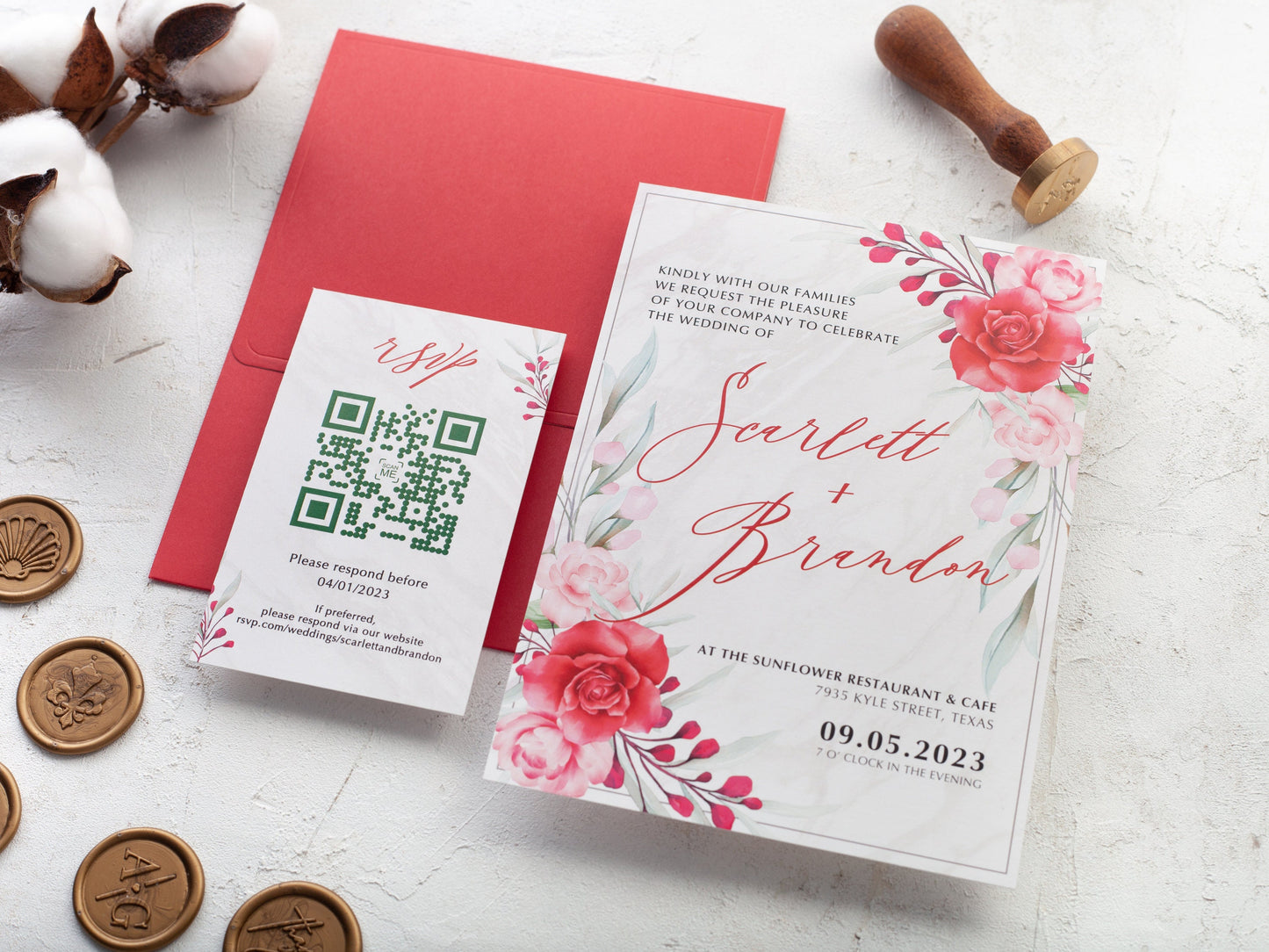 Red Floral Wedding Invitation & QR Code Rsvp, Spring Floral Wedding Invites