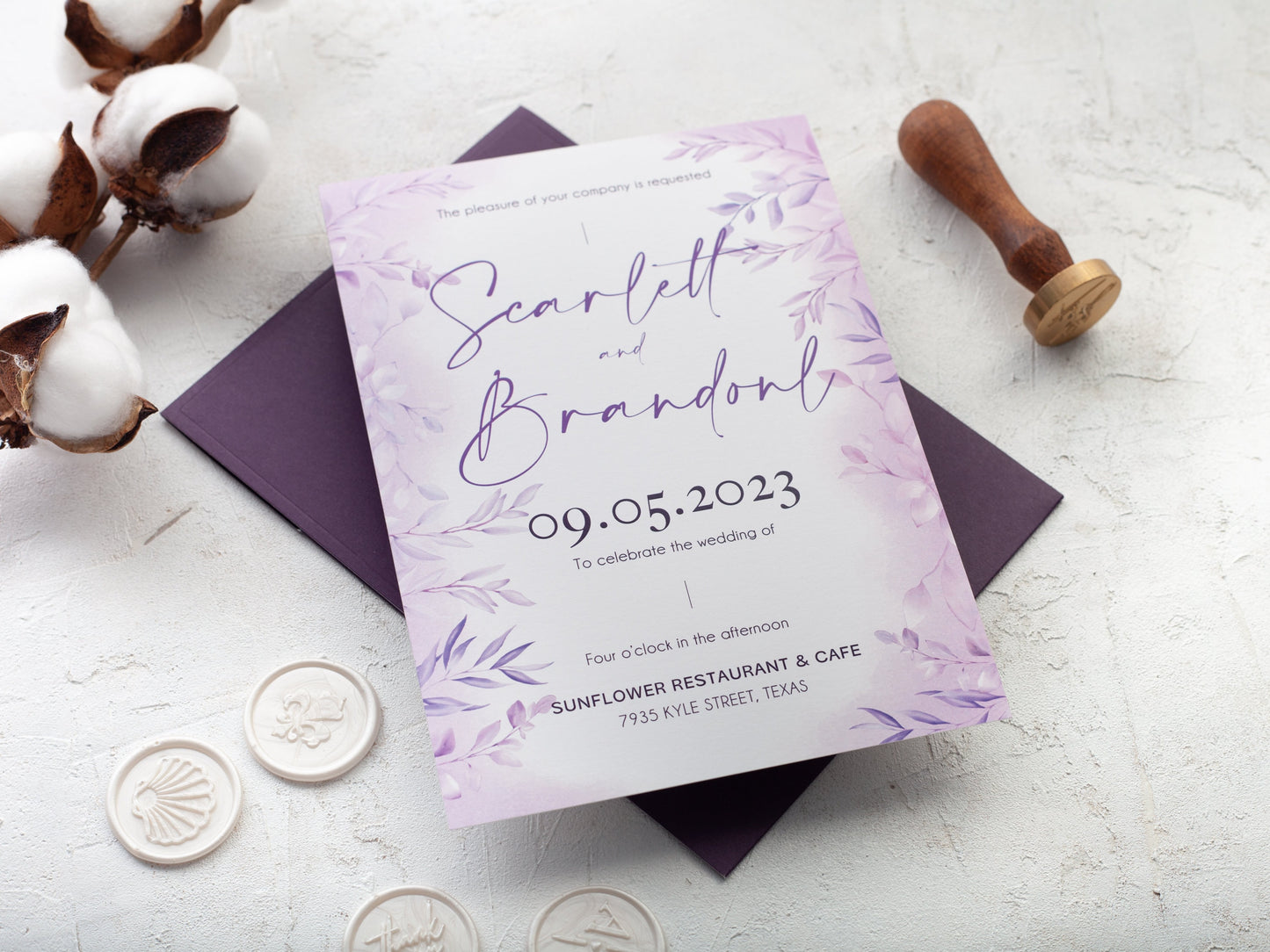 Purple Floral Wedding Invitation & QR Code Rsvp, Floral Wedding Invites