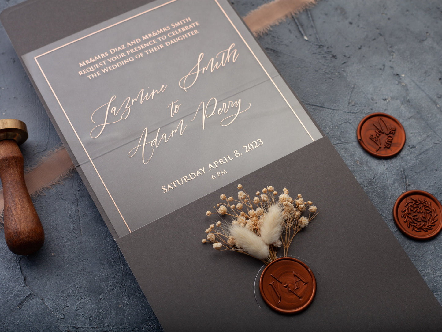 Acrylic Wedding Invitation with Wax Seal and Dried Flowers, Gray and Rose Gold Foil Acrylic Invite