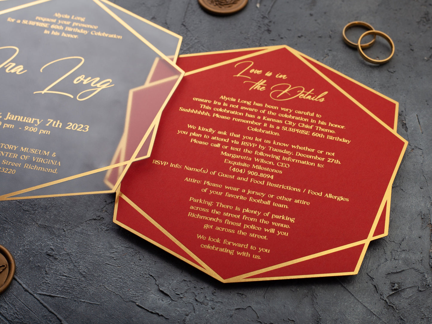 Red and gold foil wedding invitation set