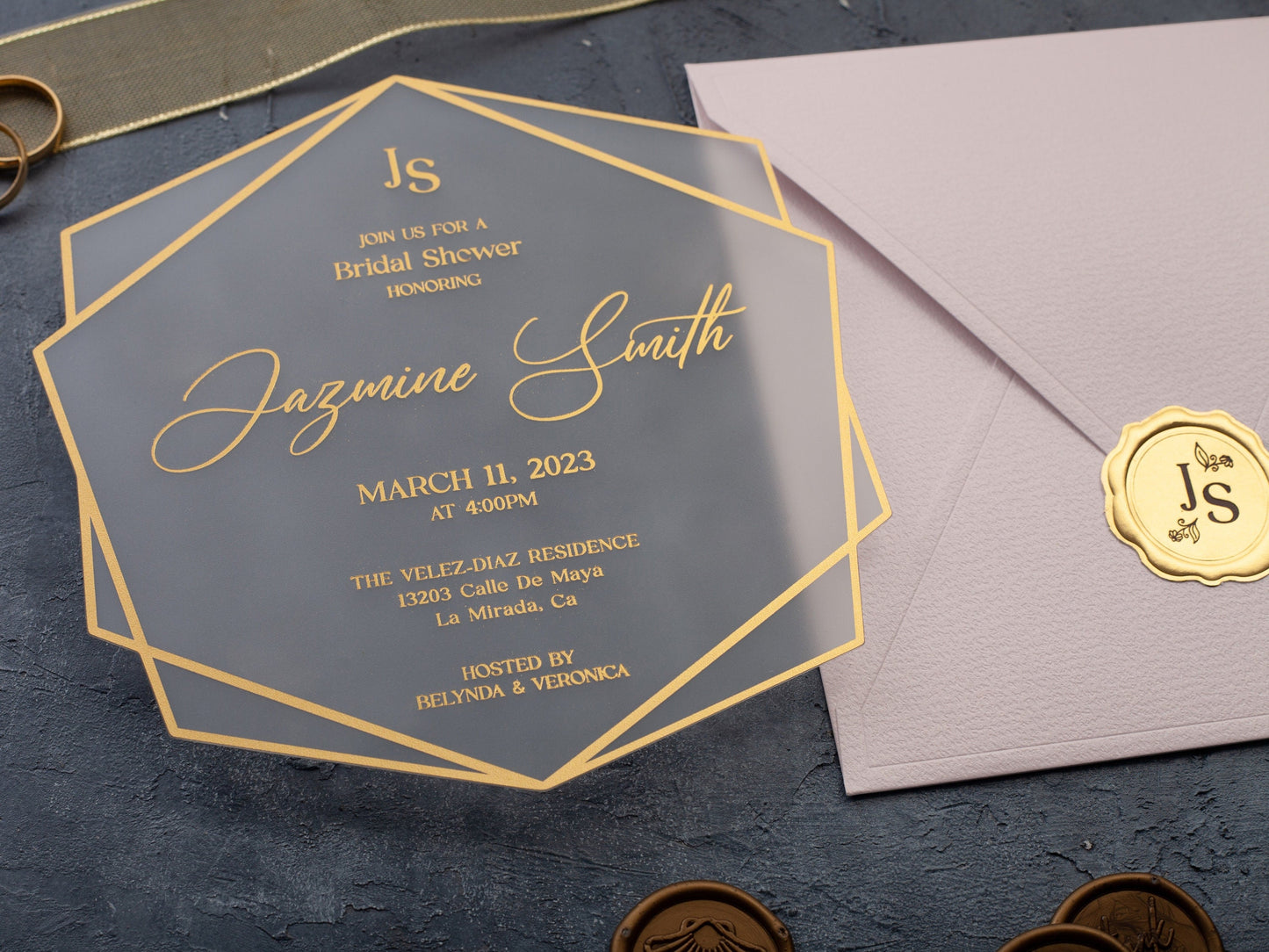 Bridal Shower Invitation, Acrylic Gold Foil with Pink Envelope, Pink Bridal Shower Invites