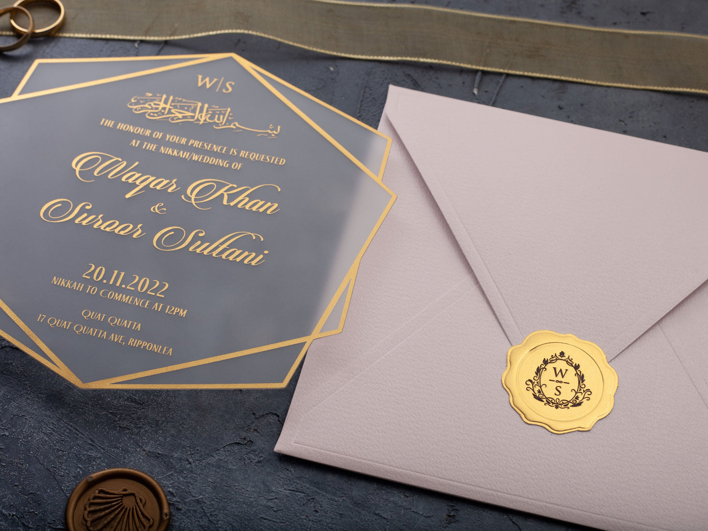 Acrylic wedding invite with gold foil