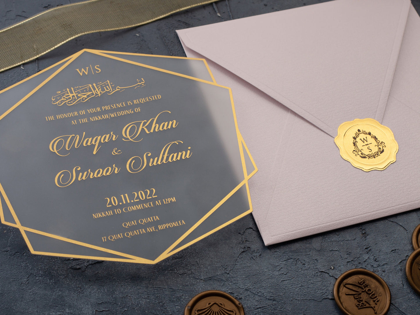 Gold foil printed arabic wedding invitation